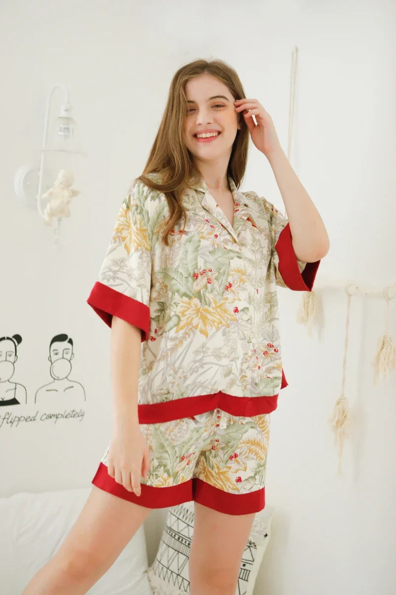 Cotton Spring Women Clothes Fresh Loose Fit Grass Printing Long Sleeve Pants Two Piece Set for Nightwear Pyjama-sets for Women