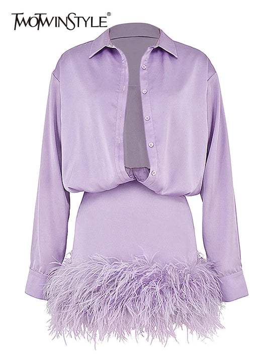 TWOTWINSTYLE Sexy Dress For Women Lapel Long Sleeve High Waist Patchwork Feathers Solid Mini Dresses Female Spring Clothes Style