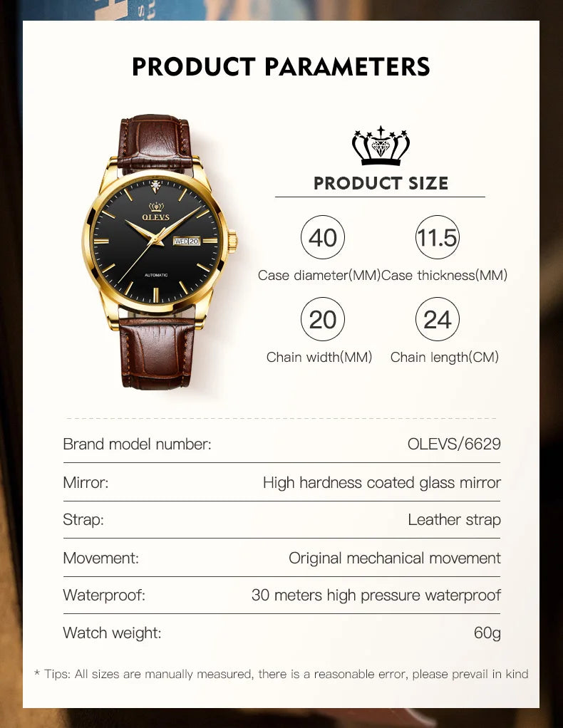 OLEVS Mechanical Men's Watches Leather strap Classic Waterproof Business Wristwatch Automatic Watch for Men Relogio Masculino