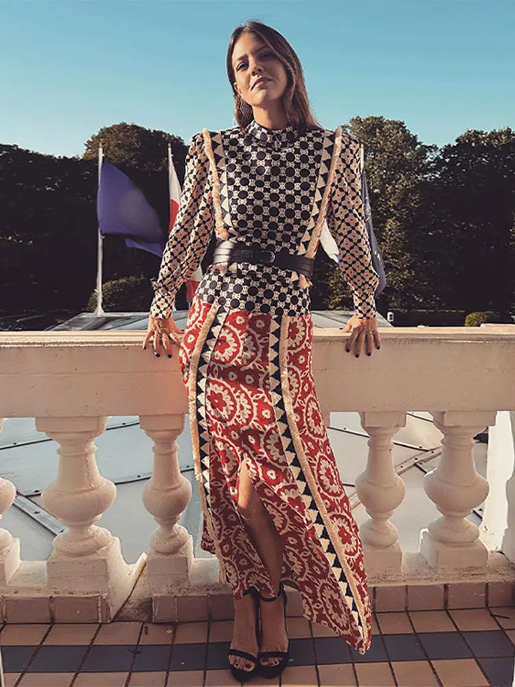 Retro Contrast Printed Women's 2-piece Set Chic Mock Neck Long Sleeves Top Slit A-line Skirt Suit Lady Vacation Elegant Outfits