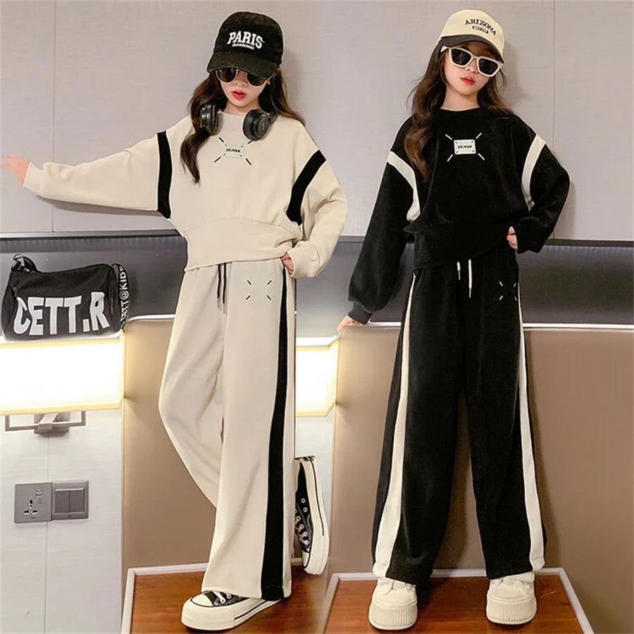 Fashion 2023 Kids Girls Clothes Sets Autumn Long Sleeve Sweatshirt + Wide Leg Pants Children Clothing Suits 6 8 10 12 14 Year
