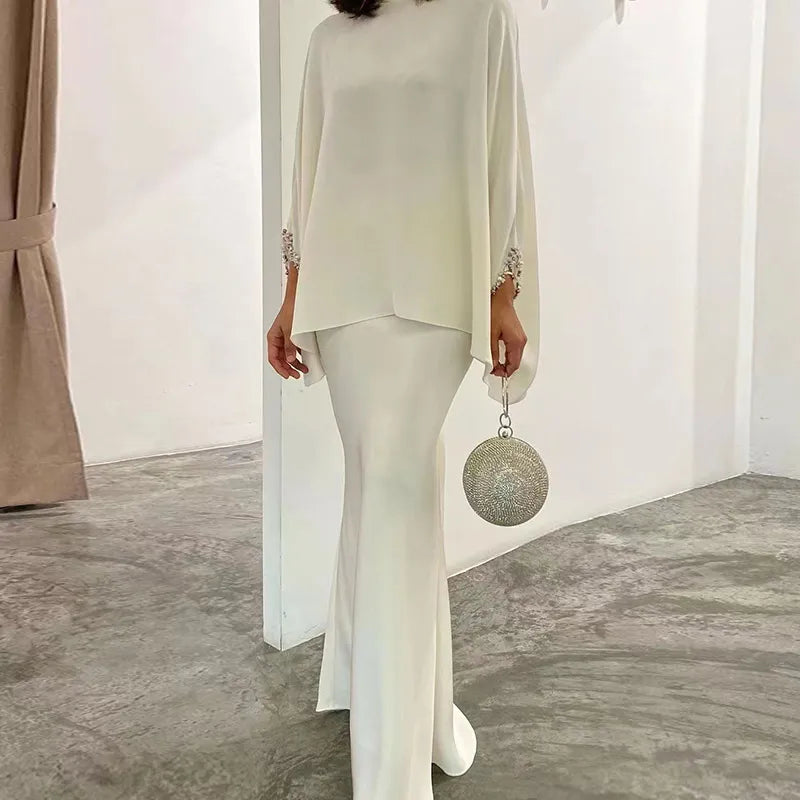 High Fashion Commuting Satin Set Elegant Batwing Sleeve Tops Blouse & Slim Long Skirt Outfits Women Casual Loose Two Piece Suits