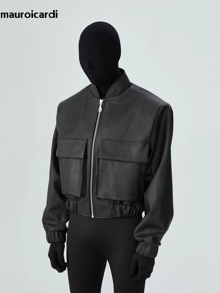 Mauroicardi Spring Autumn Cool Short Loose Black Hard Pu Leather Bomber Jacket Men Zipper Pockets Luxury Designer Clothes 2023