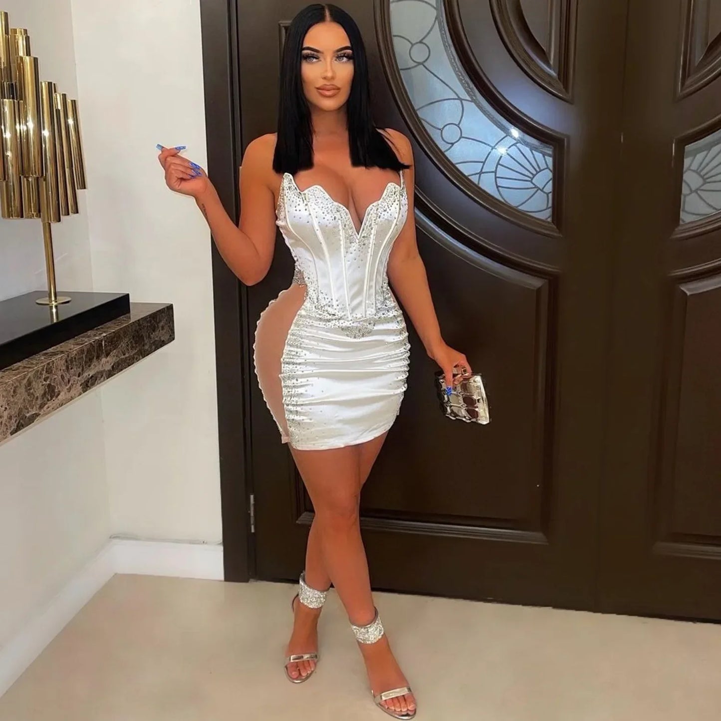 ANJAMANOR Rhinestone Corset Mini Dresses for Women 2023 Sexy Luxury Bling Birthday Dress Party Night Club Outfits D35-EI22