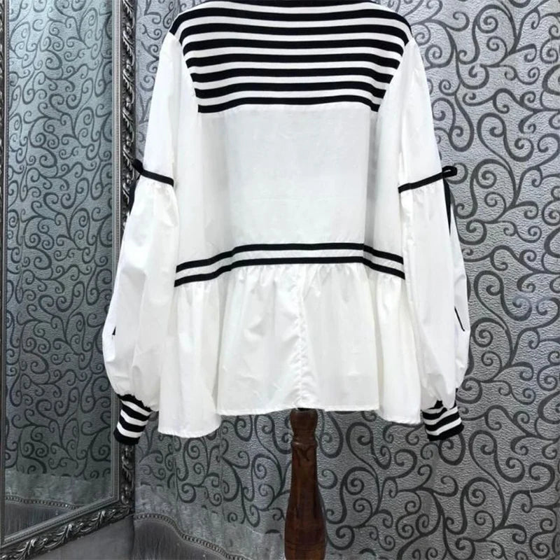 Spring Autumn O Neck Striped Patchwork Loose Casual Pullover Blouse Femme Comfortable All-match Bow Shirt Top Women's Clothing