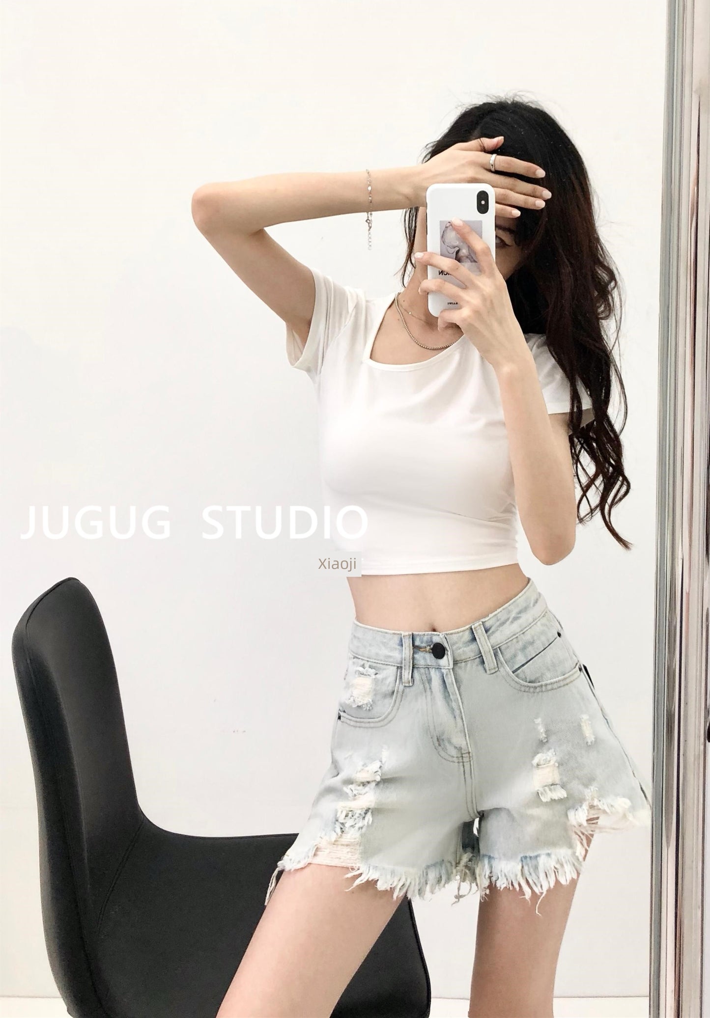 Hot Girls Wear European and American High Waist Light Color Denim Shorts