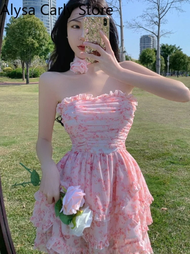 Casual Floral Sexy Dress Women 2022 Summer Pink Sleeveless Patchwork Mini Dresses Female Elegant Party Holiday Slim Korean Dress