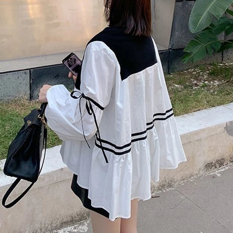 Spring Autumn O Neck Striped Patchwork Loose Casual Pullover Blouse Femme Comfortable All-match Bow Shirt Top Women's Clothing