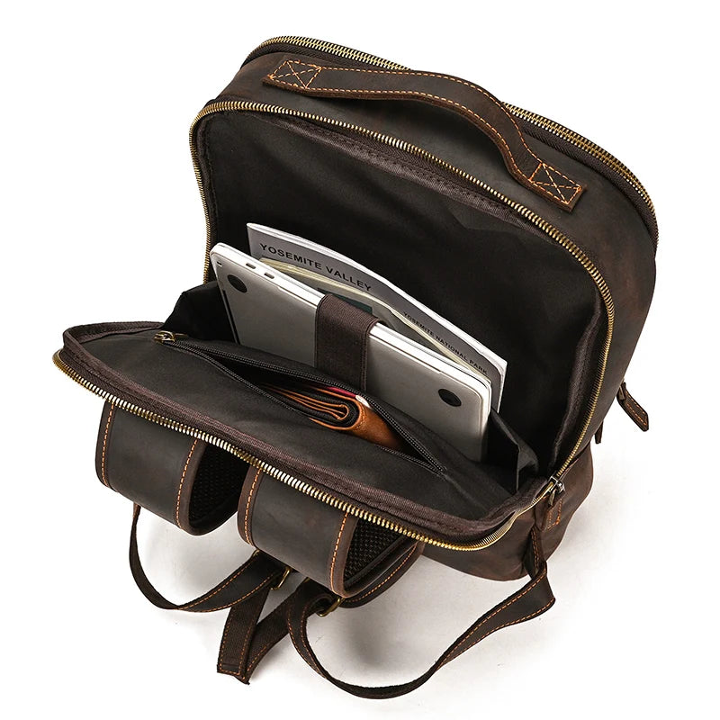 Vintage Backpack Genuine Leather Men's travel bagapck 16 inch laptop bagpack travel bag with belt on luggage school bag