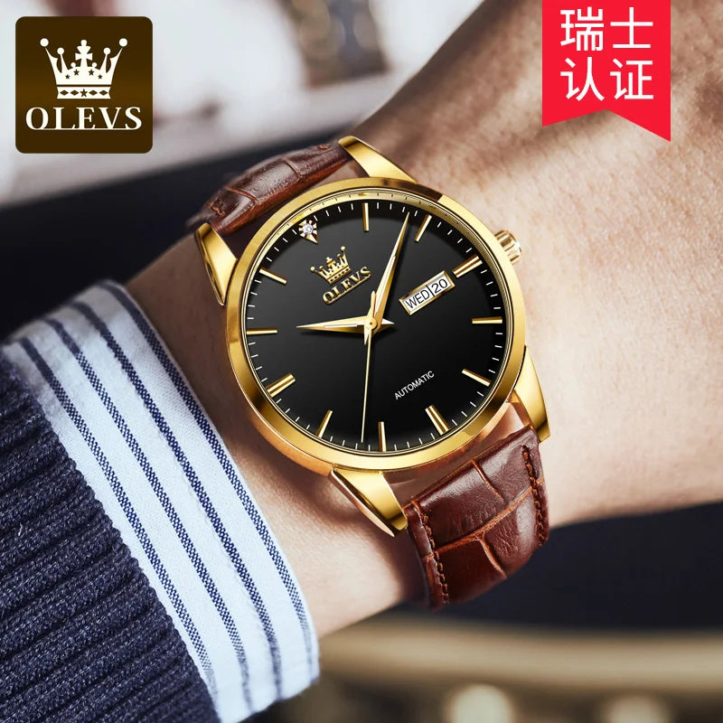 OLEVS Mechanical Men's Watches Leather strap Classic Waterproof Business Wristwatch Automatic Watch for Men Relogio Masculino