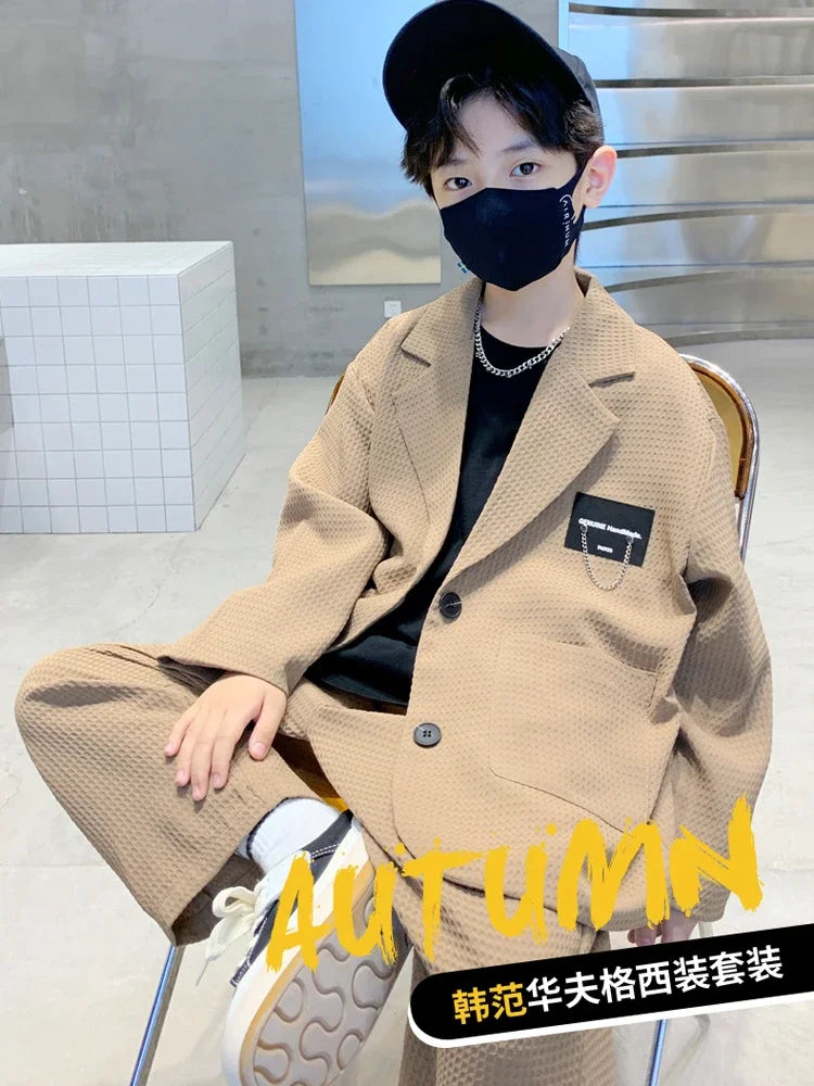 Autumn Teenage Boys Gentleman Clothes Set Children Sigle Breasted Trend Coat and Pant 2 Pieces Set Birthday Party Outfit
