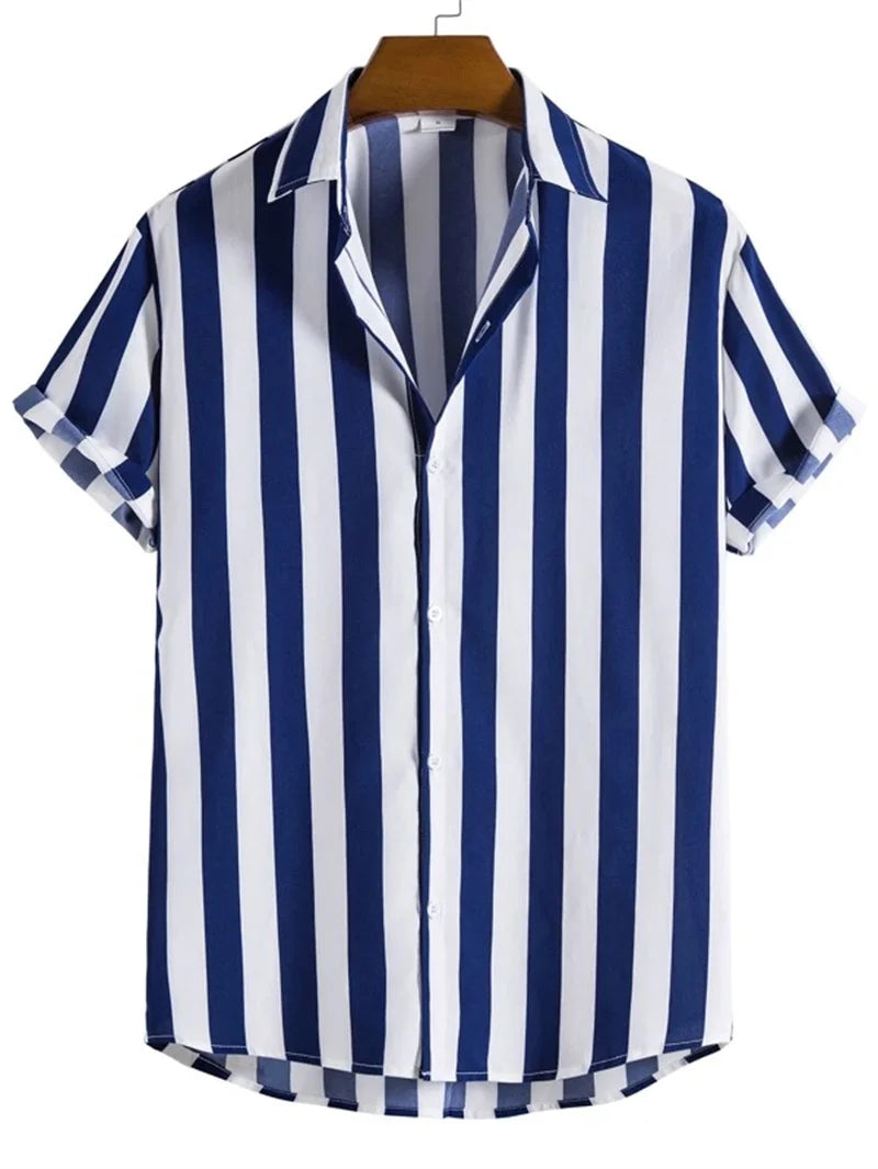Men's striped casual shirt minimalist printed Hawaiian beach outfit vacation top outdoor men's street clothing short sleeved