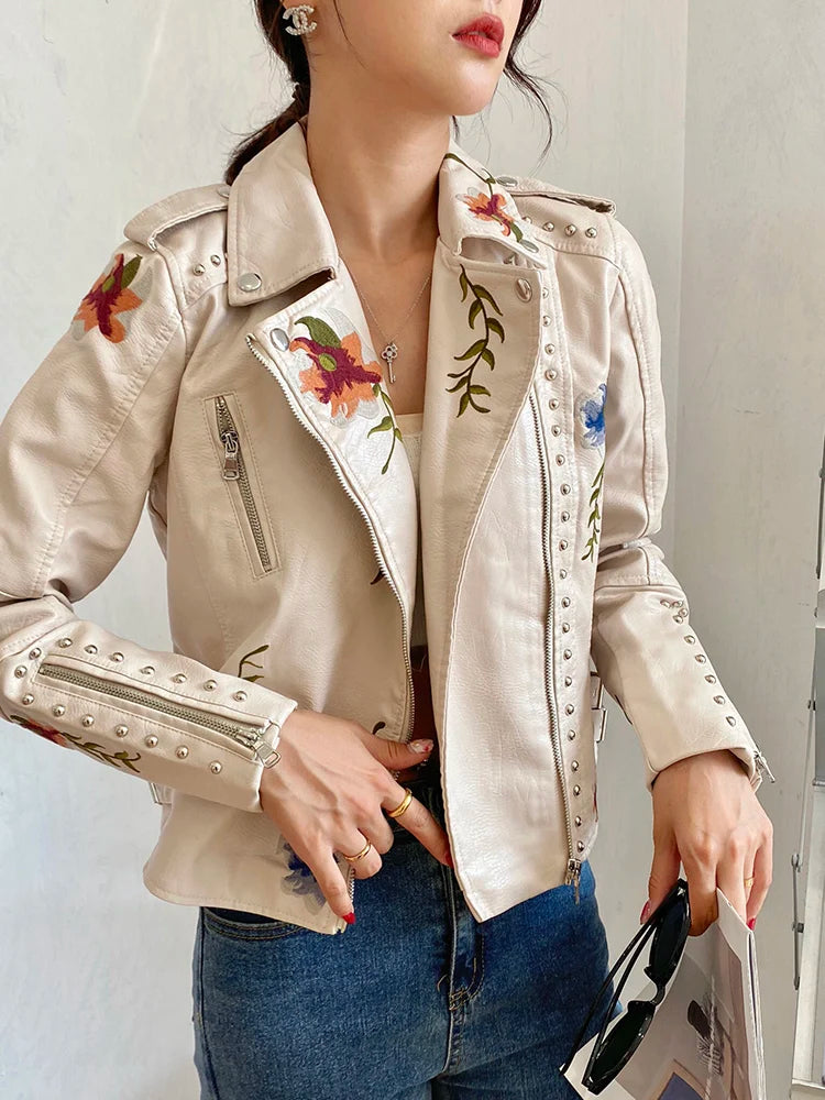 SHENGPALAE PU Leather Embroidered Rivet Coat Moto & Biker Streetwear Zipper Overcoat Women's Jackets 2024 Spring Clothes FR250