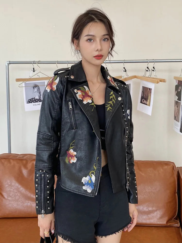 SHENGPALAE PU Leather Embroidered Rivet Coat Moto & Biker Streetwear Zipper Overcoat Women's Jackets 2024 Spring Clothes FR250