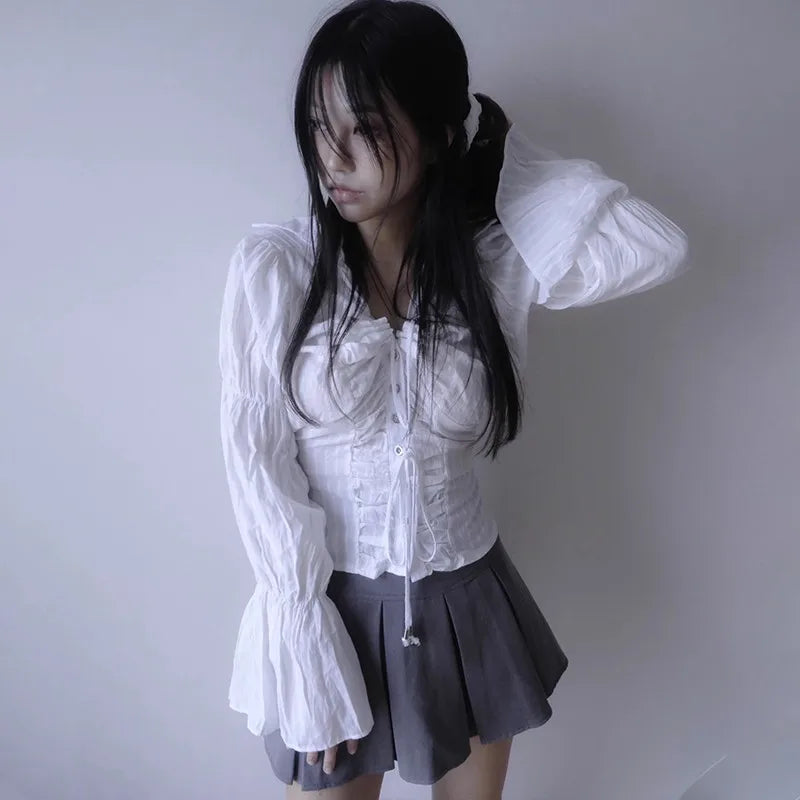 Karrcat Grunge Aesthetics Irregular Shirt Yamamoto Style Bandage Blouses Vintage Gothic Flare Sleeve Shirt Emo Alt Clothes Y2k