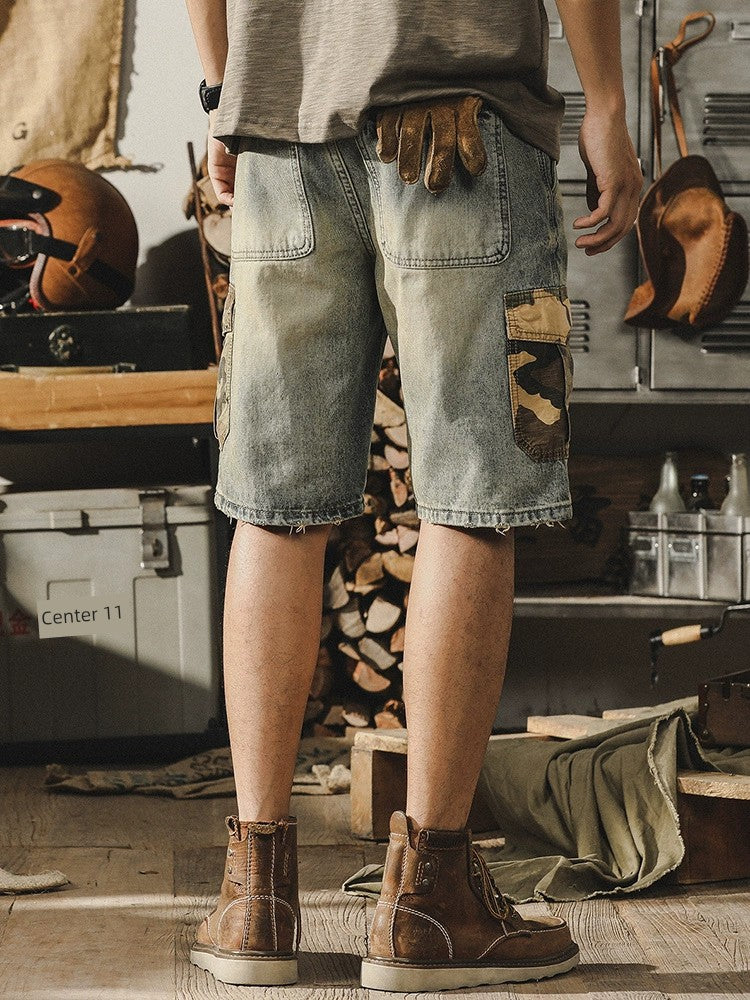 Gereno Yellow Mud Dyed Men's Summer Distressed Shorts