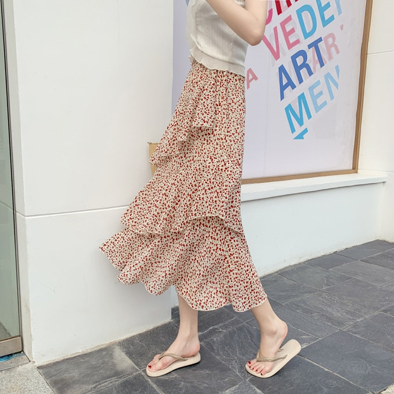 Casual Summer Skirts For Women New Loose Elastic High Waist Jupe Longue Femme Vintage Chiffon Ruffles Print Floral Pleated Skirt