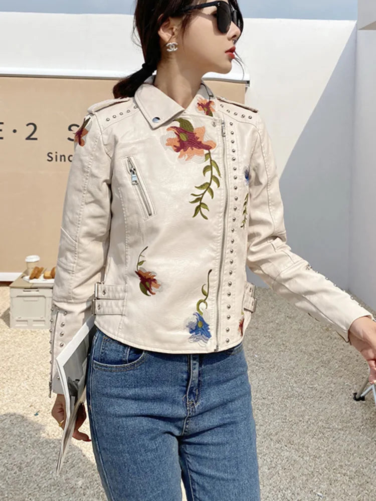 SHENGPALAE PU Leather Embroidered Rivet Coat Moto & Biker Streetwear Zipper Overcoat Women's Jackets 2024 Spring Clothes FR250