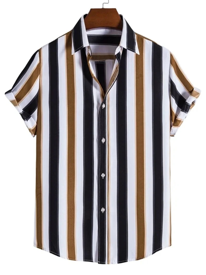 Men's striped casual shirt minimalist printed Hawaiian beach outfit vacation top outdoor men's street clothing short sleeved