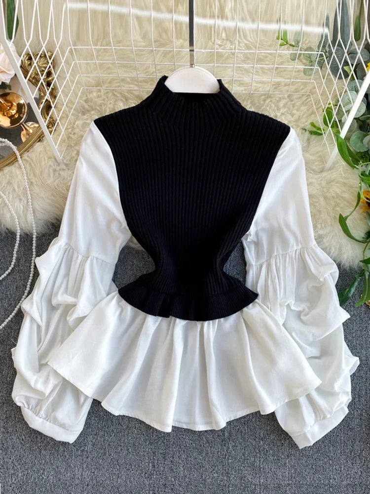 Women's Knit Patchwork Fake Two-Piece Tops Slim Fit Lantern Sleeved Shirt Tide Turtleneck Pullovers Sweater Tops ML574