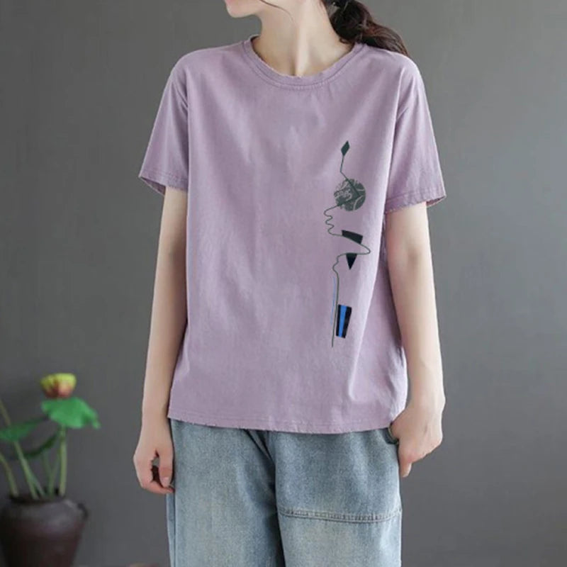 2022 Summer O Neck Fashion Print Loose Casual T-shirt Top Women Short Sleeve Simple All-match Tee Female Clothes Lady Pullovers