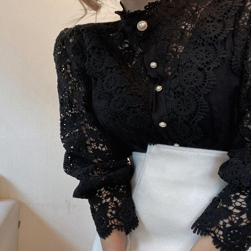 Blusas Mujer De Moda 2023 Spring Hollow Out Lace Shirt Women Office Lady Flower Blouse Stand Collar Button Female Clothing 12419