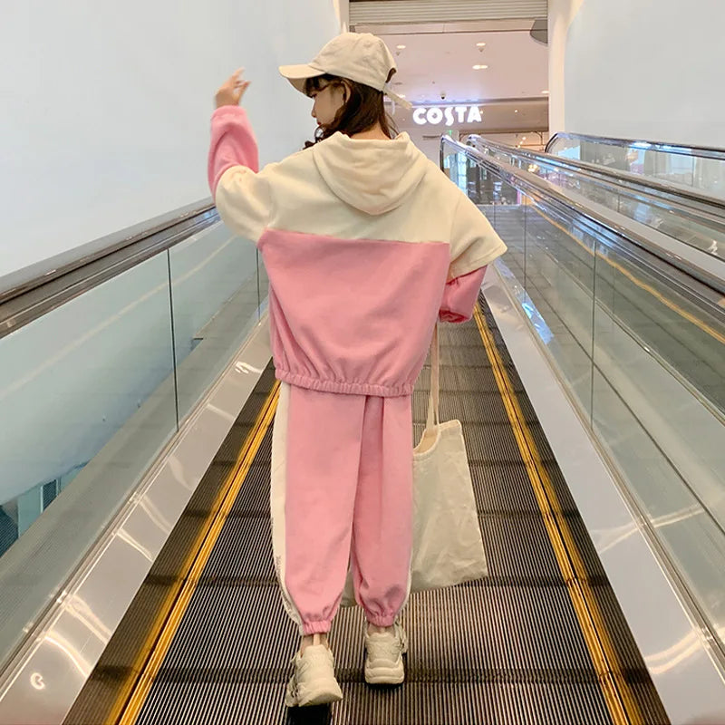 Junior Girls' Sweatshirt Suit Spring and Autumn Children's Fashion Hooded  Sports Trousers 2 Piece Set 3-12Y