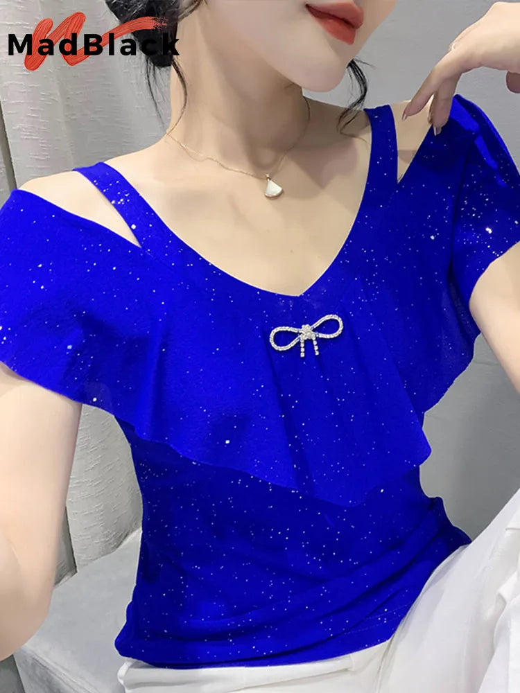 MadBlack Summer European Clothes T-Shirt Sexy V-Neck Mesh Thin Ruffles Shiny Women Tops Short Sleeve Off Shoulder Tees T25511L