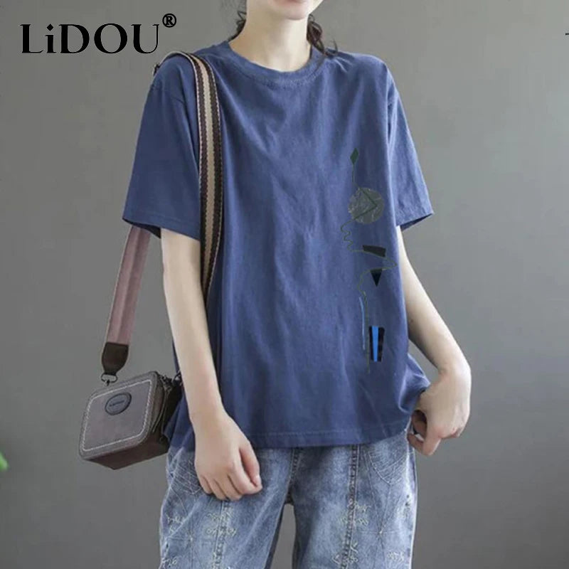 2022 Summer O Neck Fashion Print Loose Casual T-shirt Top Women Short Sleeve Simple All-match Tee Female Clothes Lady Pullovers
