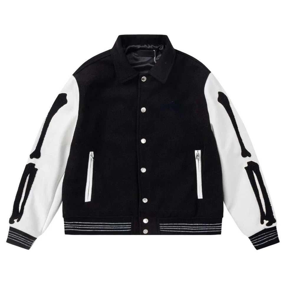 Fashion Autumn Skeleton Embroidery Varsity Jacket Men Streetwear Warm Wool Women Baseball Jacket Outfits Windbreaker 2023