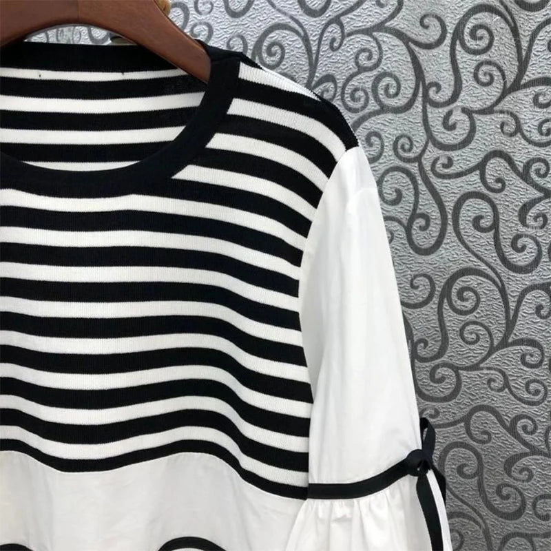 Spring Autumn O Neck Striped Patchwork Loose Casual Pullover Blouse Femme Comfortable All-match Bow Shirt Top Women's Clothing