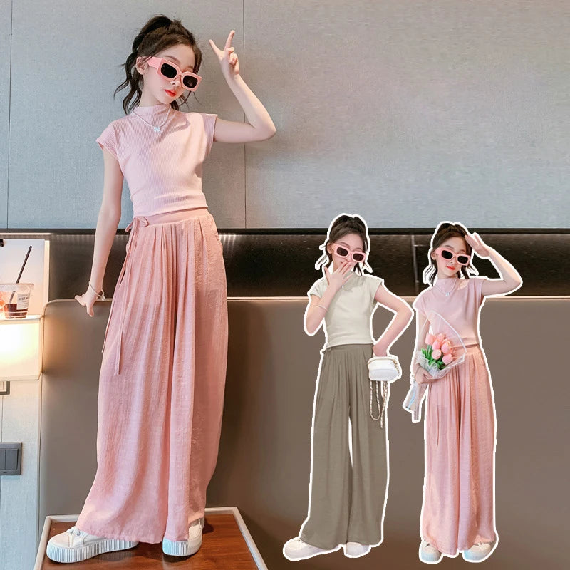 Summer Teen Girls Clothing Sets Fashion Slim Tops + Wide Leg Pants 2Pcs Outfits Kids Birthday Party Princess Costume 4-12 Years