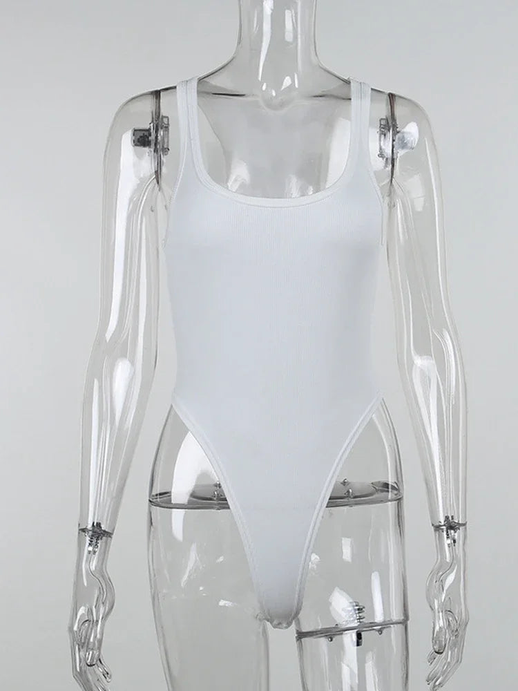 White Sports Tank Top Women Scoop Neck Off Shoulder Body Top Streetwear Ribbed Bodysuits Suit Slim Clothes Catsuit Clothing