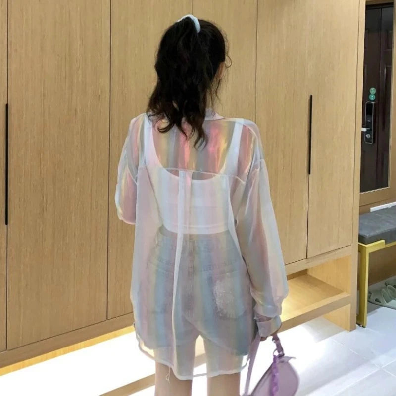 Deeptown Transparent Blouse with Sequins Button Up Shirt Women Y2k Sexy Beauty Sheer Top Night Club Beach Girls Summer Clothes