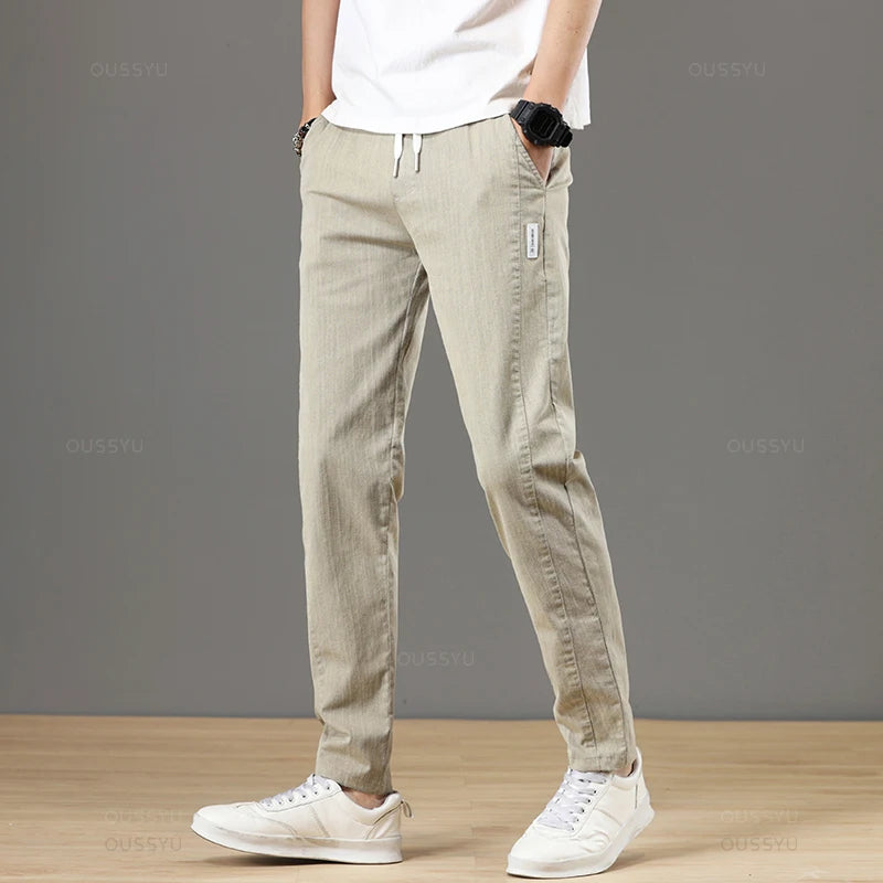 Spring Summer Cottom Men's Pants Fashion Classic Drawstring Elastic Waist Jogging Stretch Casual Grey Cargo Trousers Male 28-38