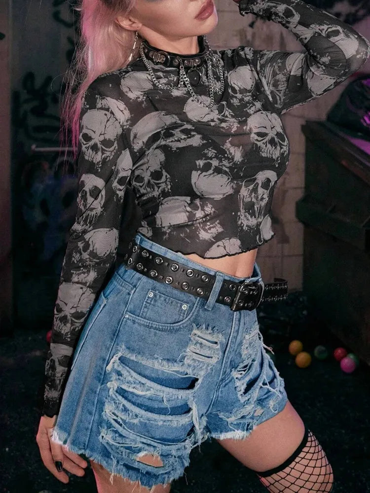 Yangelo Mall Gothic Skull Print T-shirt Female Y2K See Through Punk Crop Tops E-girls Grunge Street Clothes