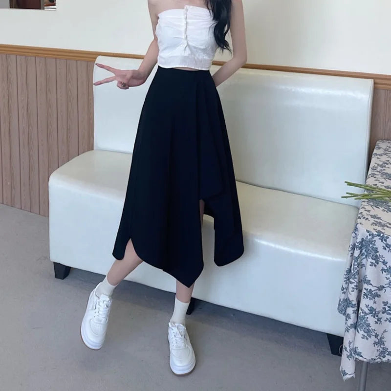 Black Irregular Skirt Women Spring Summer Elastic Waist Thin Mid-length Umbrella Skirts Plus Size Bottoms Vintage Y2k Clothes