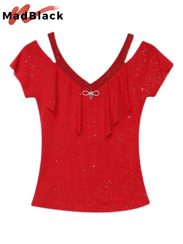 MadBlack Summer European Clothes T-Shirt Sexy V-Neck Mesh Thin Ruffles Shiny Women Tops Short Sleeve Off Shoulder Tees T25511L
