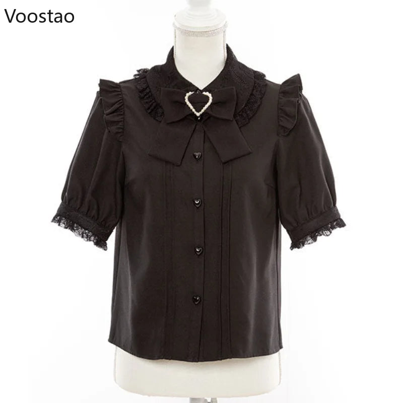 Sweet Lolita Lace Patchwork Short Sleeve Blouse Women Japanese Y2k Clothes Harajuku JK Bow Ruffles Shirt Girl Kawaii Blusas Tops