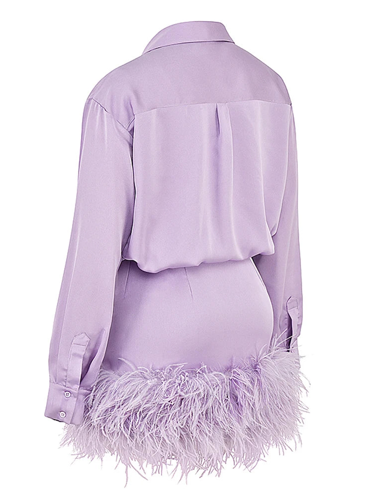 TWOTWINSTYLE Sexy Dress For Women Lapel Long Sleeve High Waist Patchwork Feathers Solid Mini Dresses Female Spring Clothes Style