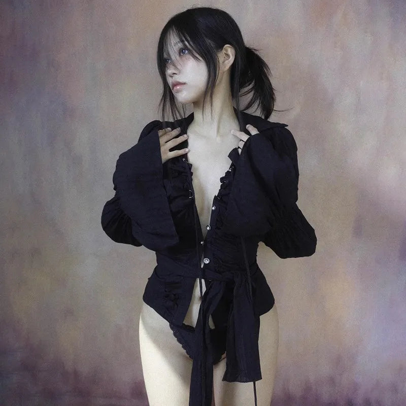 Karrcat Grunge Aesthetics Irregular Shirt Yamamoto Style Bandage Blouses Vintage Gothic Flare Sleeve Shirt Emo Alt Clothes Y2k