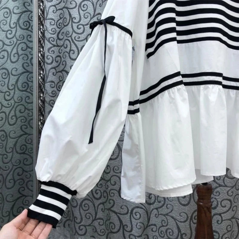 Spring Autumn O Neck Striped Patchwork Loose Casual Pullover Blouse Femme Comfortable All-match Bow Shirt Top Women's Clothing