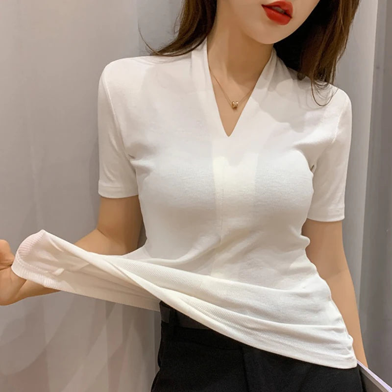 Women Sweetshirts Short sleeve womens clothing Black white T-shirts for Girls V-Neck Summer Clothes Design Woman clothes