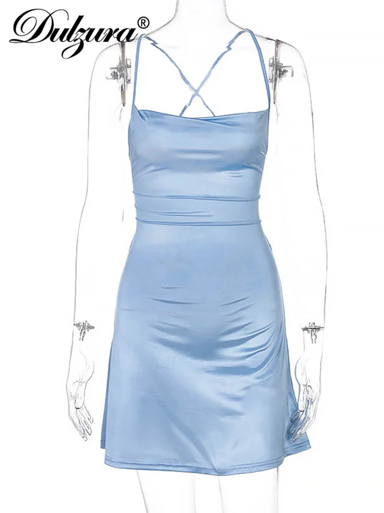 Dulzura Women Satin Strap Mini Dress Lace Up Bandage Bodycon Backless Sexy Streetwear Party Club Elegant 2022 Summer Clothes