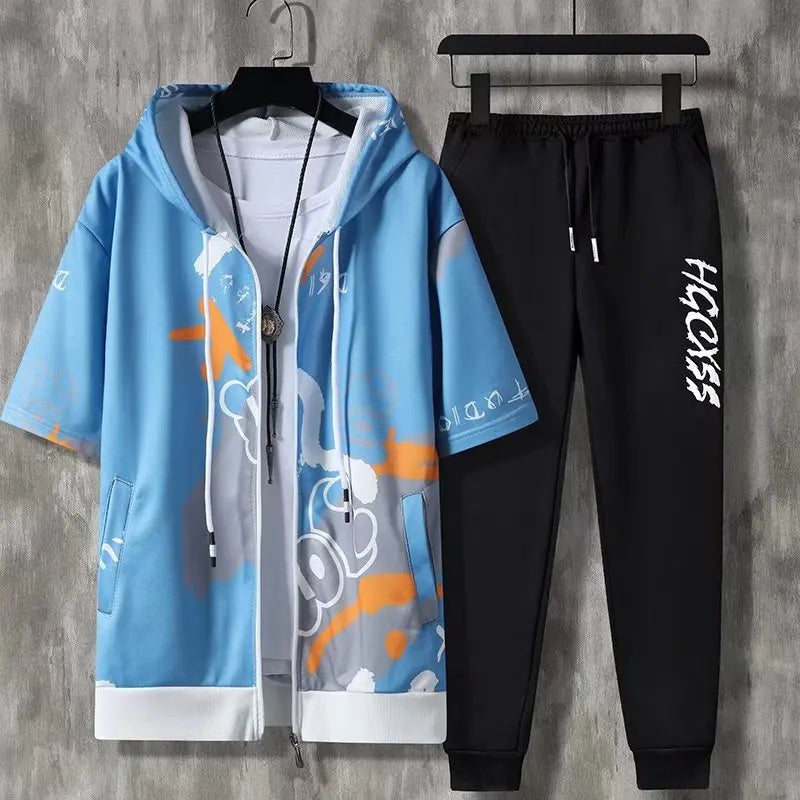 Summer Men's Sets Korean Fashion Hooded outfit set Short Sleeve Hooded Tops+Casual Trousers Men Clothing 2 Piece Set tracksuit