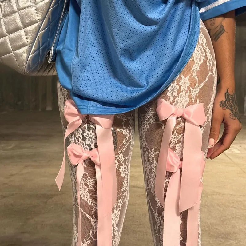 Sexy Mesh Embroidery Bowknot See Through Pants Women High Waist Straight Lolita Trousers 2024 Summer Fairy Grunge Clothes