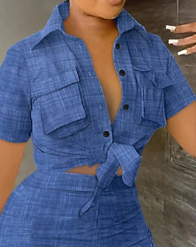 Womens Two Piece Sets Outfit Elegant Pocket Design Buttoned Crop Top & High Waist Shorts Set New Fashion 2023 Summer Casual