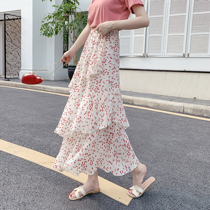 Casual Summer Skirts For Women New Loose Elastic High Waist Jupe Longue Femme Vintage Chiffon Ruffles Print Floral Pleated Skirt