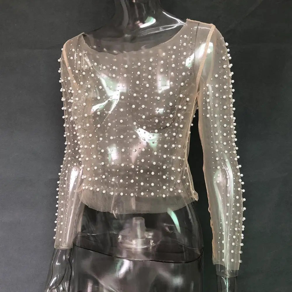 Gtpdpllt Sexy See Through T Shirt Women Mesh Patchwork Diamonds Pearl Slim T-Shirts Elegant Crop Tops Female 2023 Spring Clothes