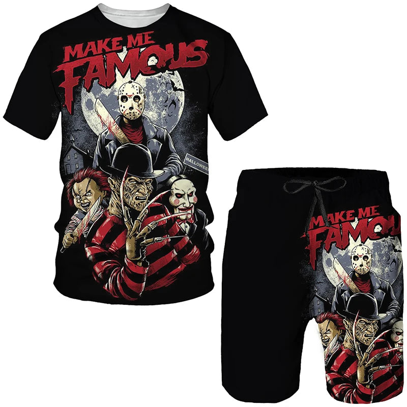Personality Fashion Men's Clown 3D Printing Tees Shorts Suits Horror Two Piece Sets Outfits Hip Hop Streetwear Male Clothing Set